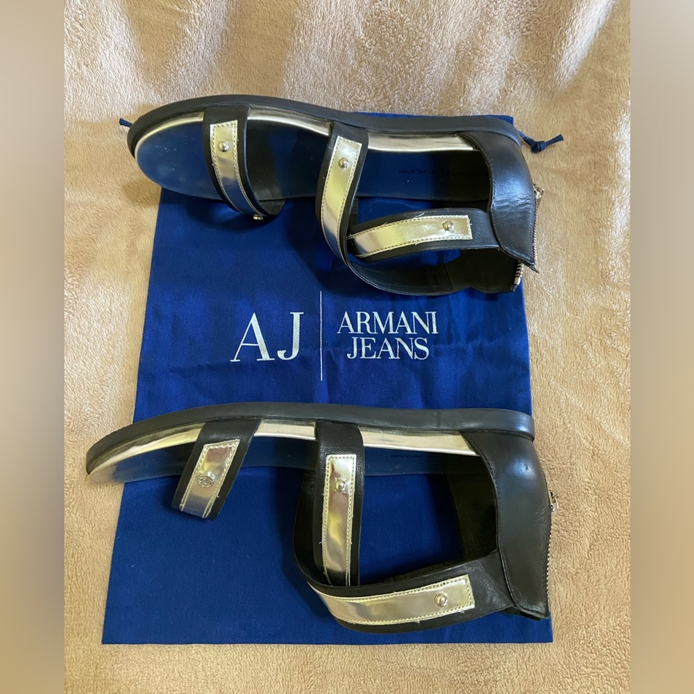 Armani, jeans, leather sandals